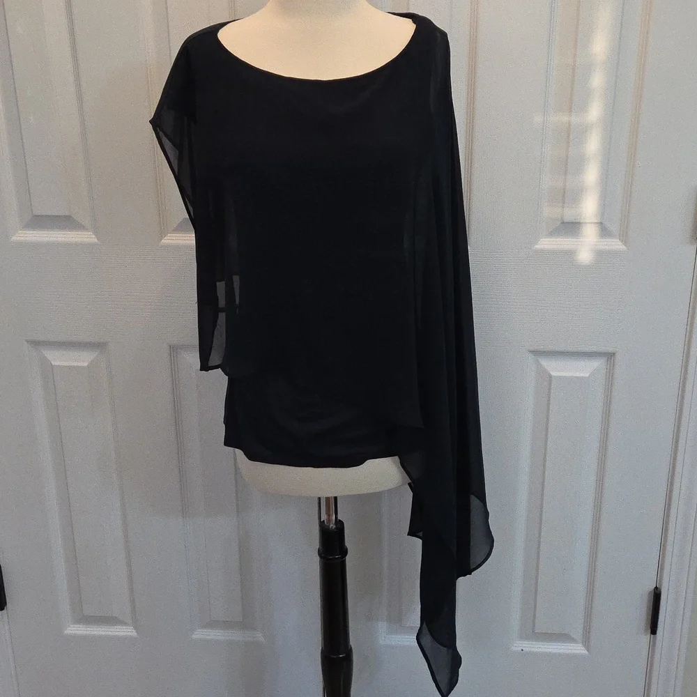 HAUTE HIPPIE DRAMATIC ASYMMETRICAL FLOWY CHIFFON OVERLAY SCARF TOP MIDNIGHT BLUE - Picture 7 of 9